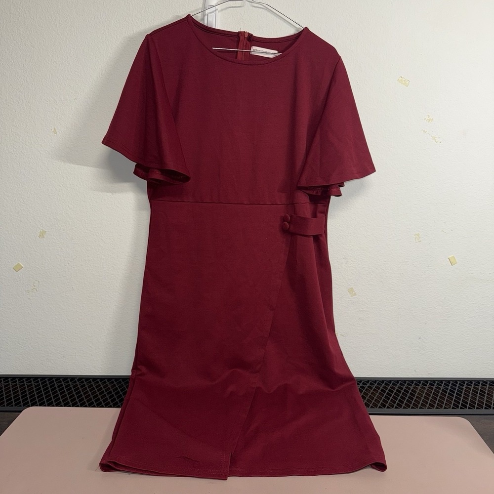 Metamorphosis Girl Burgundy Flutter Sleeve Dress Women 3XL Zip‎ Back Midi